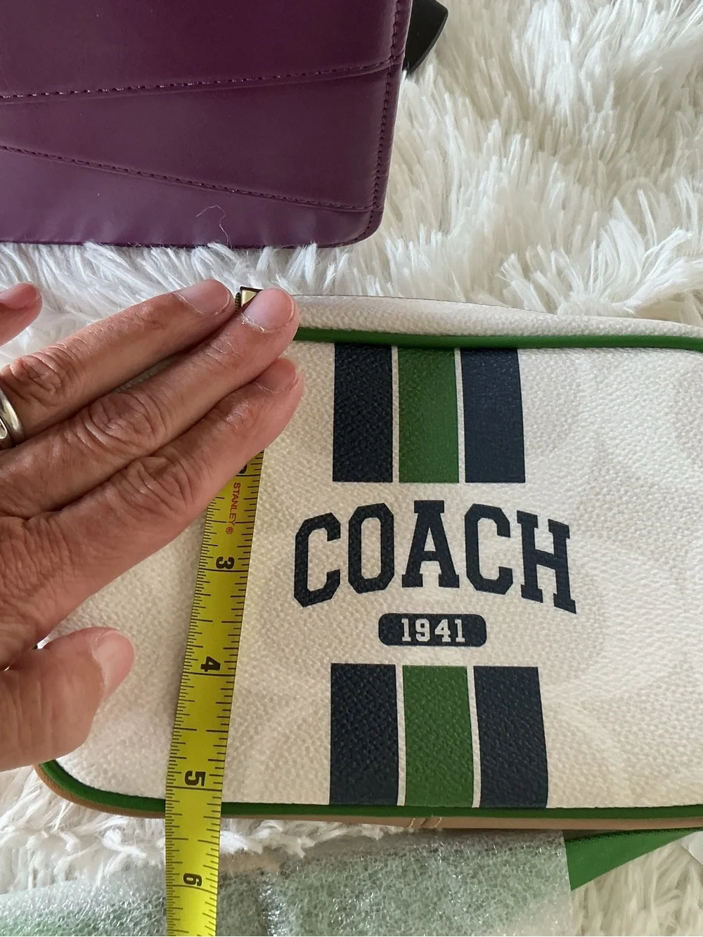 Coach mini Varsity White Crossbody with Green and Navy Stripe Accents